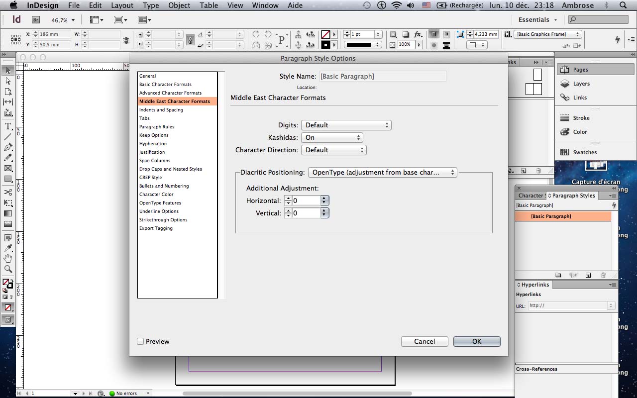 [Screen capture of InDesign CS6, English-with-Hebrew-enabled version, showing the Paragraph Style menu with ME options]