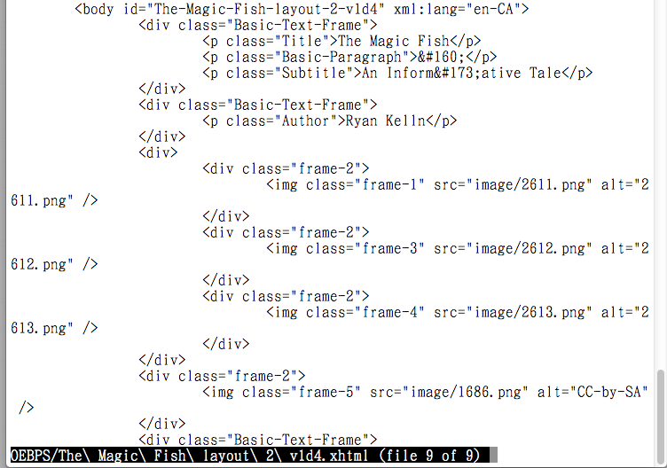 [Part of the generated XHTML. In the middle we see three img elements, with classes frame-1, frame-3, and frame-4 respectively, each enclosed by a div with a class of frame-2. The three enclosing divs are then in turn enclosed by an anonymous div which represented the group. We also see on the top that the body tag has the attribute of xml:lang='en-CA'.]